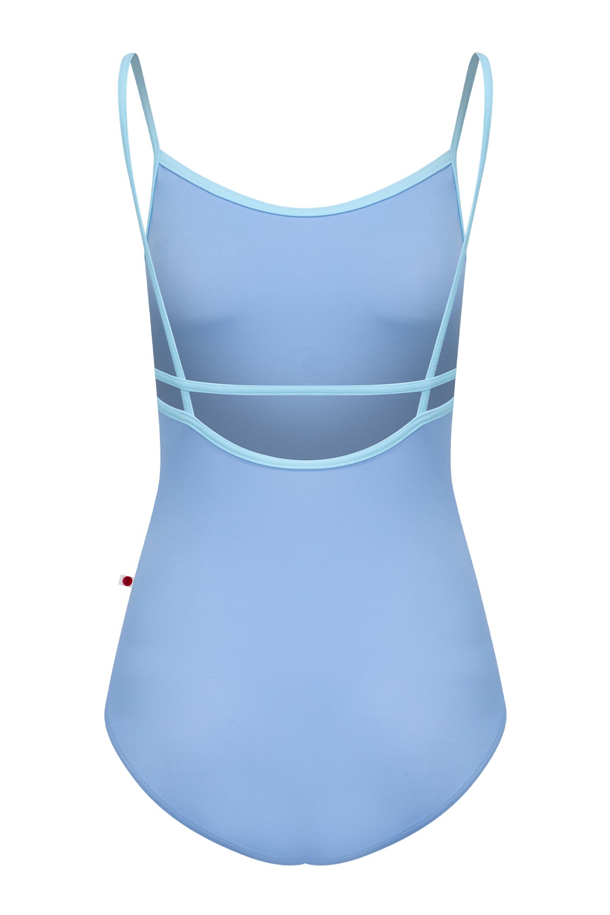 Kathy leotard, coral-pink with a gathered white mesh bust panel and white trim.