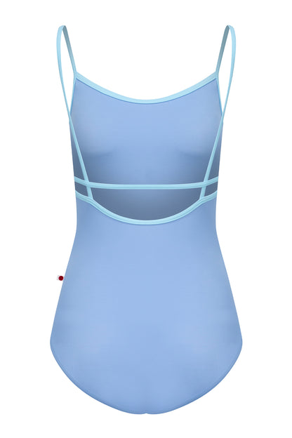 Kathy leotard, coral-pink with a gathered white mesh bust panel and white trim.
