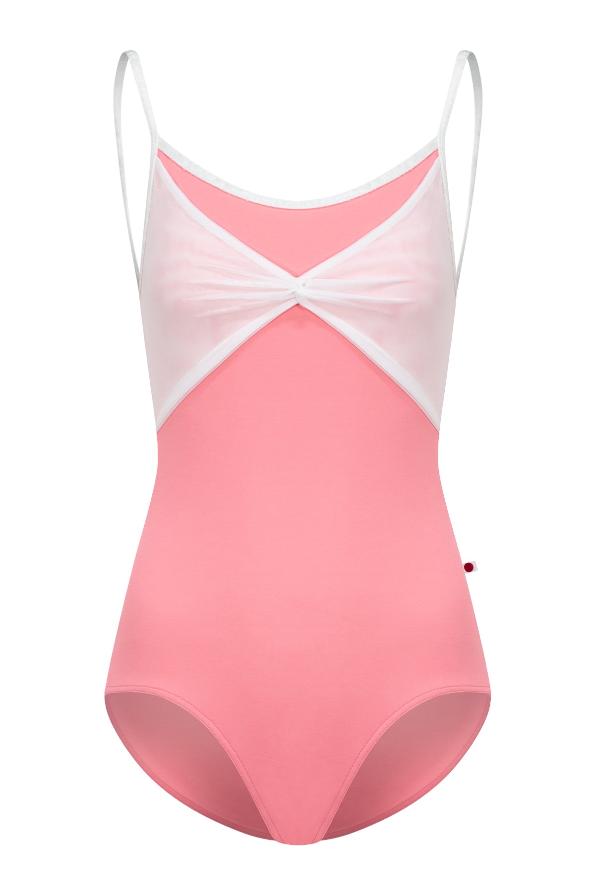 Kathy leotard, coral-pink with a gathered white mesh bust panel and white trim.
