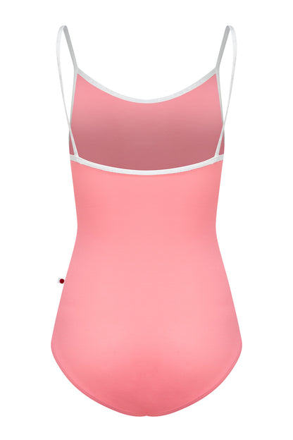 Kathy leotard, coral-pink with a gathered white mesh bust panel and white trim.
