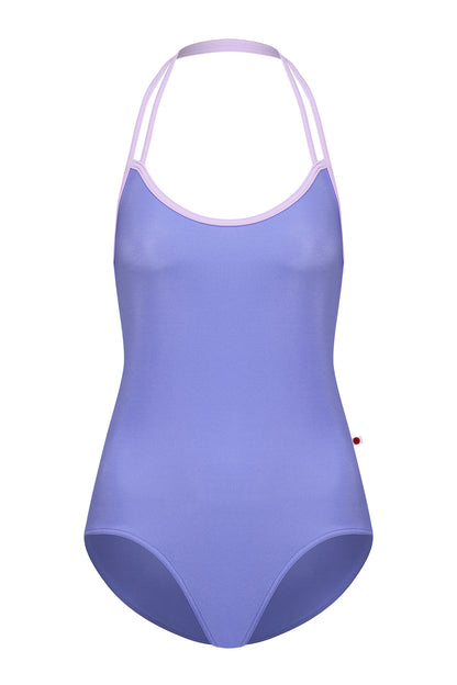 Lena leotard, periwinkle-blue with a strappy lavender halter neckline.