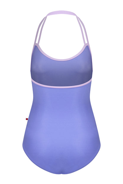 Lena leotard, periwinkle-blue with a strappy lavender halter neckline.