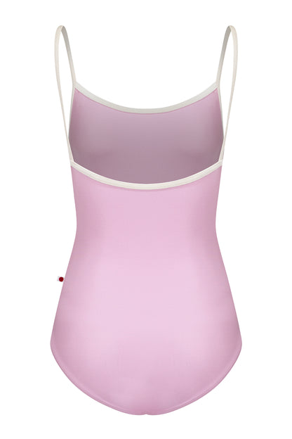 Marisa leotard, orchid-pink with butter yellow trim on the neckline and thin straps.