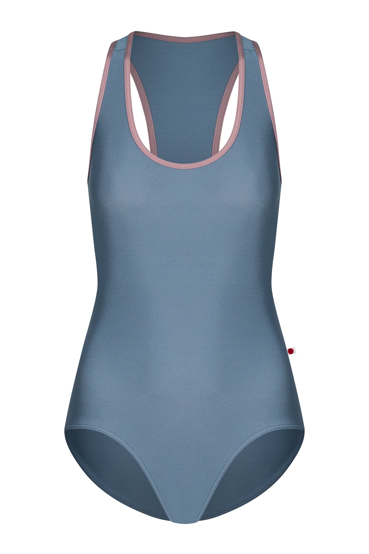 AI-generated model. Alex leotard, slate-blue with a scoop neckline and dusty-pink trim, racerback straps.