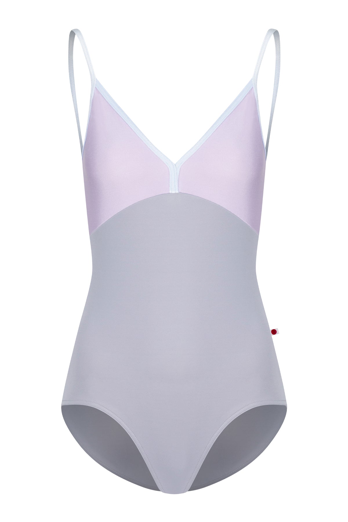 AI-generated model. Daria leotard, lilac bodice and a grey body with a V-neckline and thin straps.