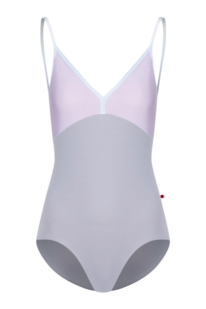 AI-generated model. Daria leotard, lilac bodice and a grey body with a V-neckline and thin straps.