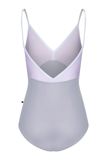 AI-generated model. Daria leotard, lilac bodice and a grey body with a V-neckline and thin straps.