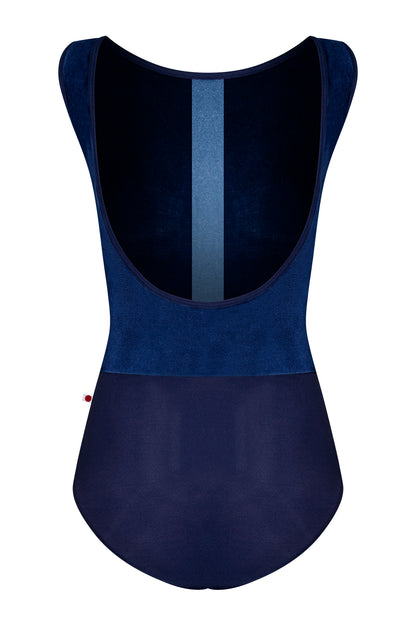 Didi leotard, navy with a pale-blue vertical centre stripe and a high boat neckline.