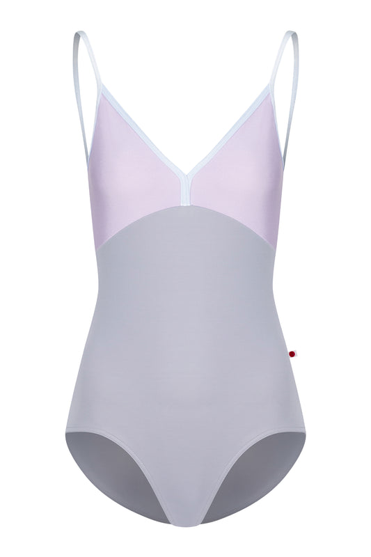 Kids Daria leotard, lilac bodice and a grey body with a V-neckline and thin straps.