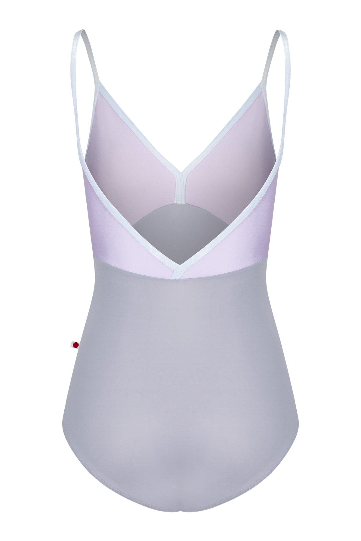 Kids Daria leotard, lilac bodice and a grey body with a V-neckline and thin straps.
