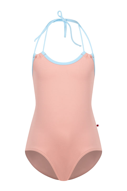 Kids Lilia leotard in blush-pink with a contrasting pale-blue neckline trim.