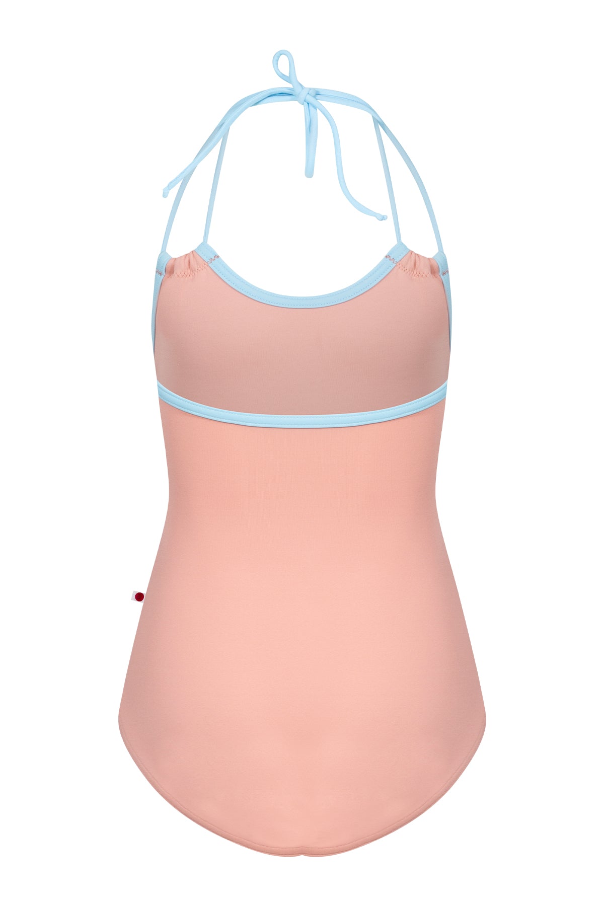 Kids Lilia leotard in blush-pink with a contrasting pale-blue neckline trim.