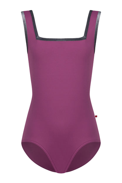 Kids Marieke leotard, magenta-purple with  a square neck, and grey trim.