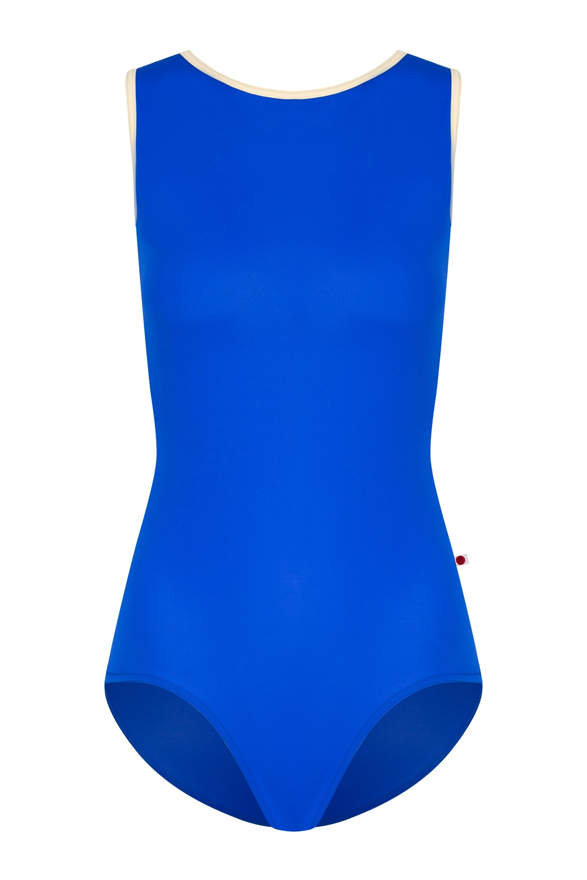 Larissa leotard, royal-blue with a high round neckline and cream trim.