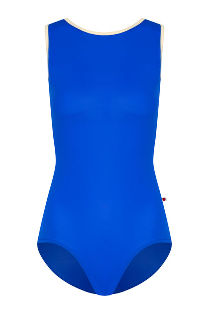 Larissa leotard, royal-blue with a high round neckline and cream trim.