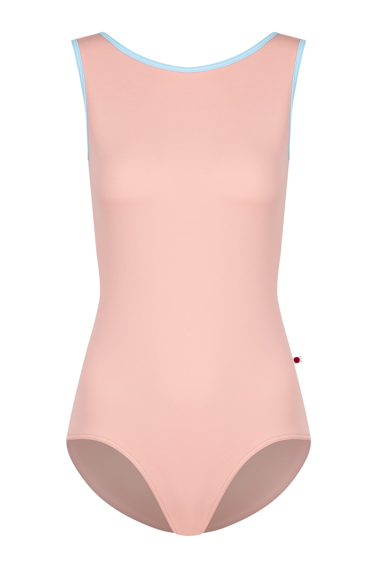 Sofiane leotard, blush-pink with a contrasting pale-blue neckline trim.