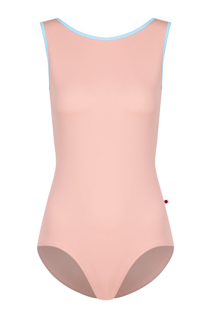 Sofiane leotard, blush-pink with a contrasting pale-blue neckline trim.