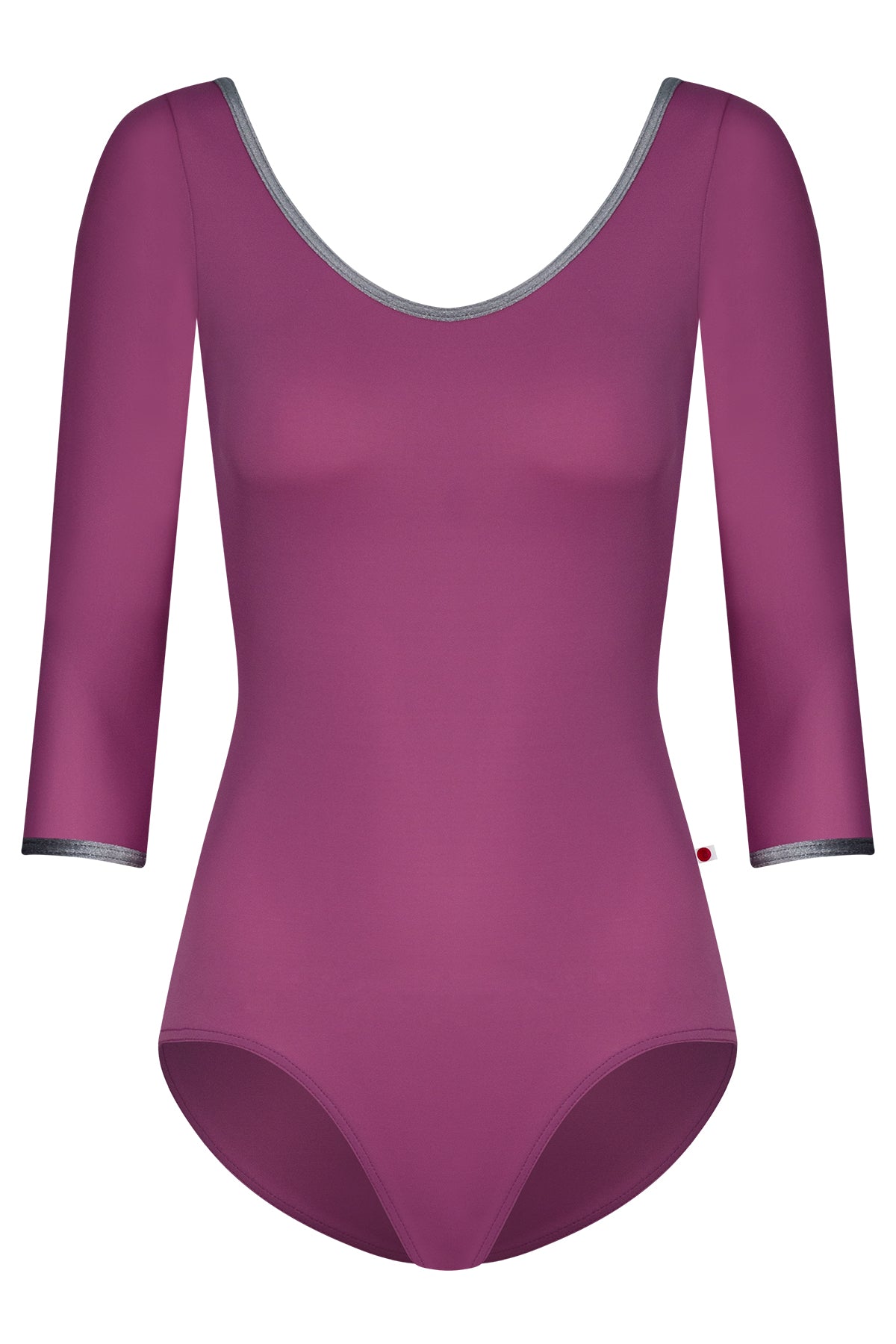 Veronique leotard, magenta-purple with three-quarter sleeves, a scoop neck, and grey trim.