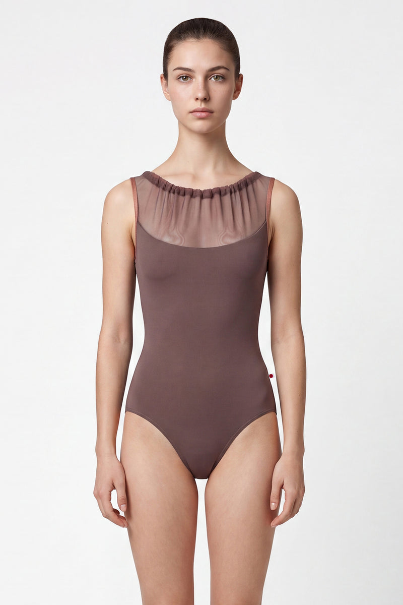 AI-generated model. Paris leotard in Phantom, mocha-brown with a sheer gathered mesh boat neckline. 