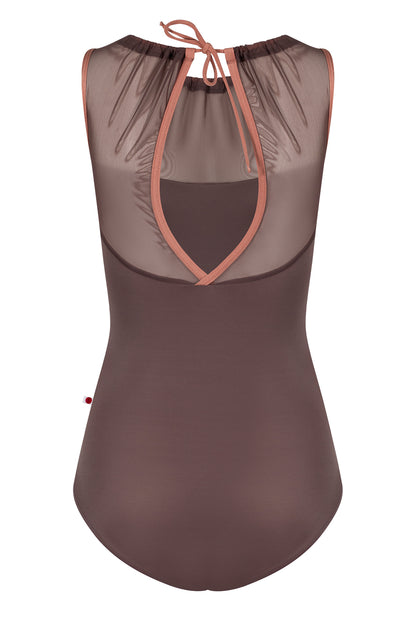 Paris leotard in Phantom, mocha-brown with a sheer gathered mesh boat neckline. 