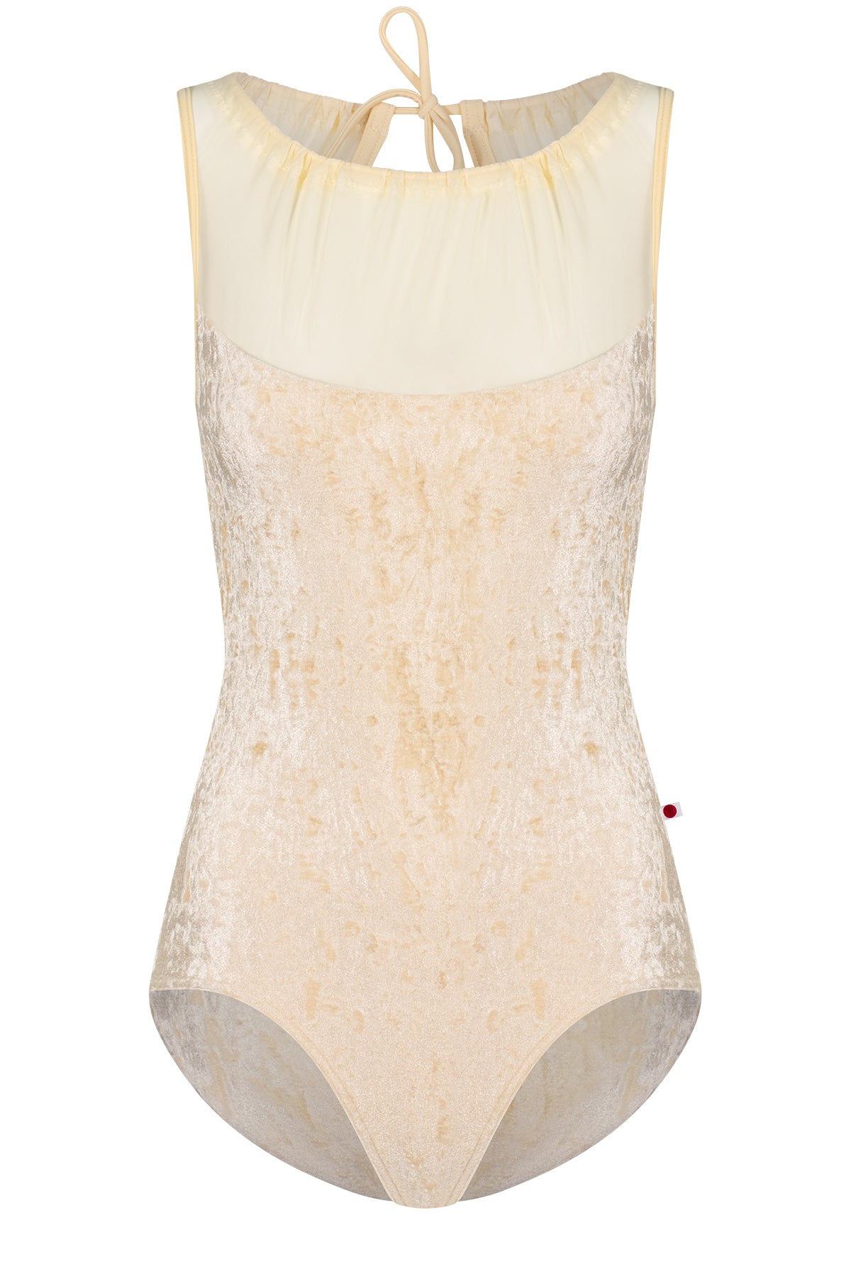 Paris leotard in Vanilla, vanilla velvet with a gathered mesh boat neckline. 