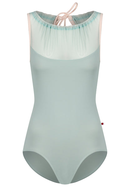 Paris leotard in Whisper, pale sage-green with a sheer gathered mesh boat neckline and pink straps. 