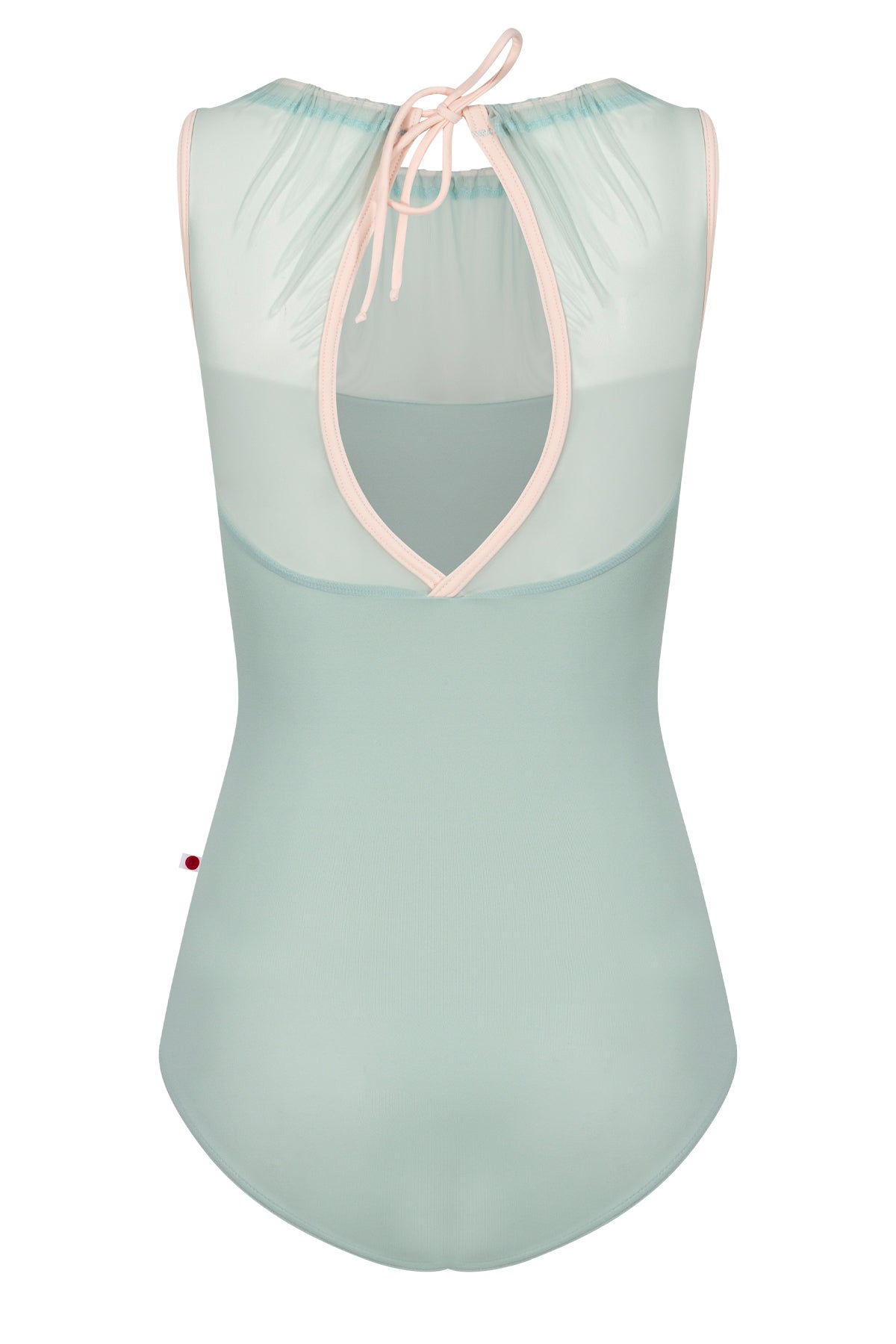 Paris leotard in Whisper, pale sage-green with a sheer gathered mesh boat neckline and pink straps. 