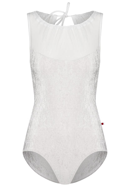 Paris leotard in White, white velvet with a white gathered mesh boat neckline.