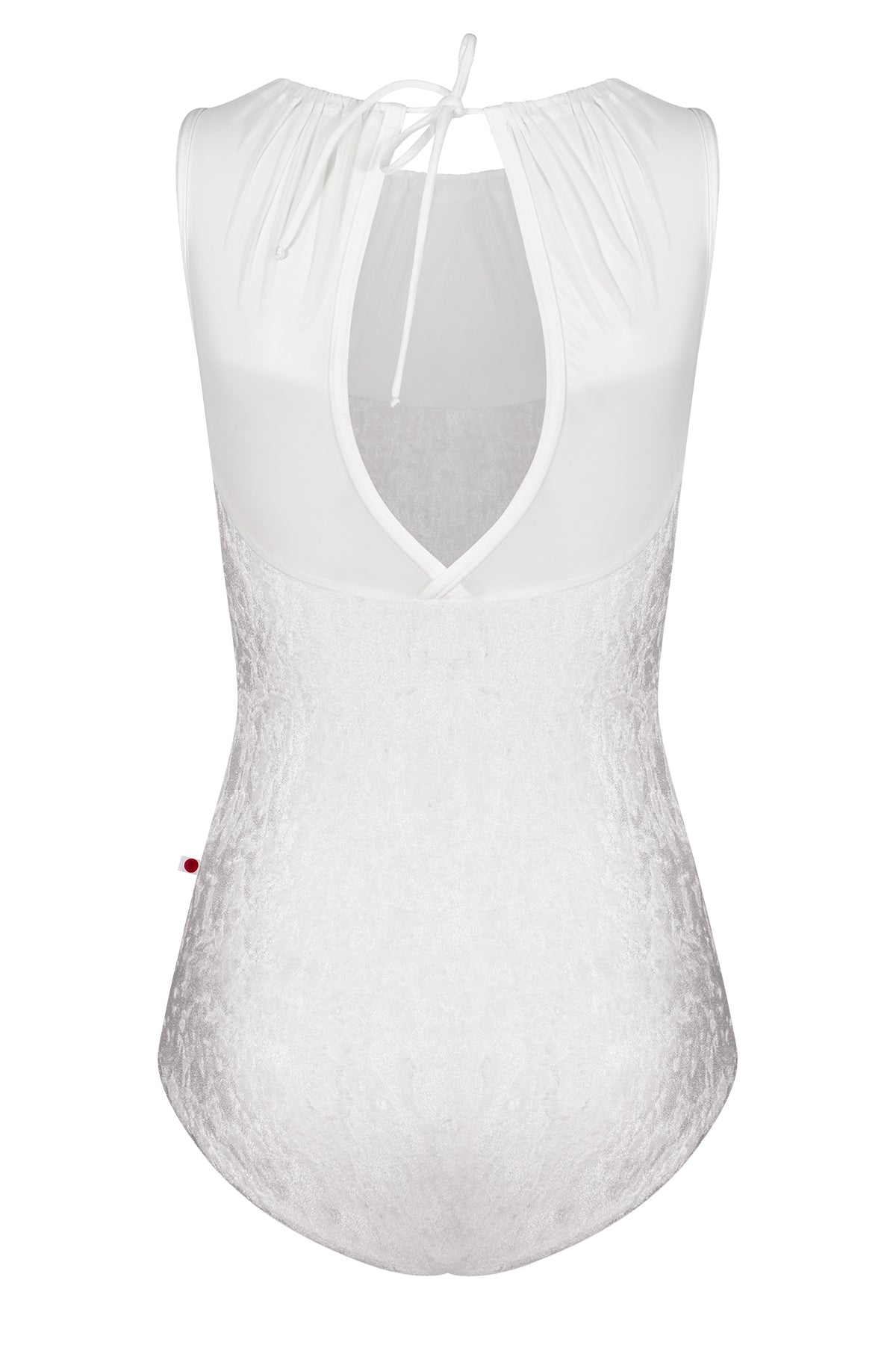 Paris leotard in White, white velvet with a white gathered mesh boat neckline.