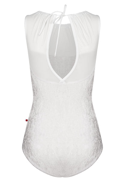 Paris leotard in White, white velvet with a white gathered mesh boat neckline.