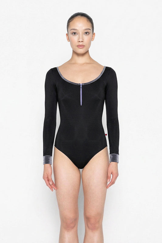 Chloe leotard in N-Black body color with Mesh Black top color, N-Black sleeves, N-Poem zipper & V-Steel trim color
