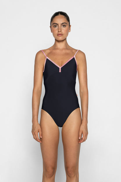 Daria leotard in N-Black body & top color with V-Dreamy trim color