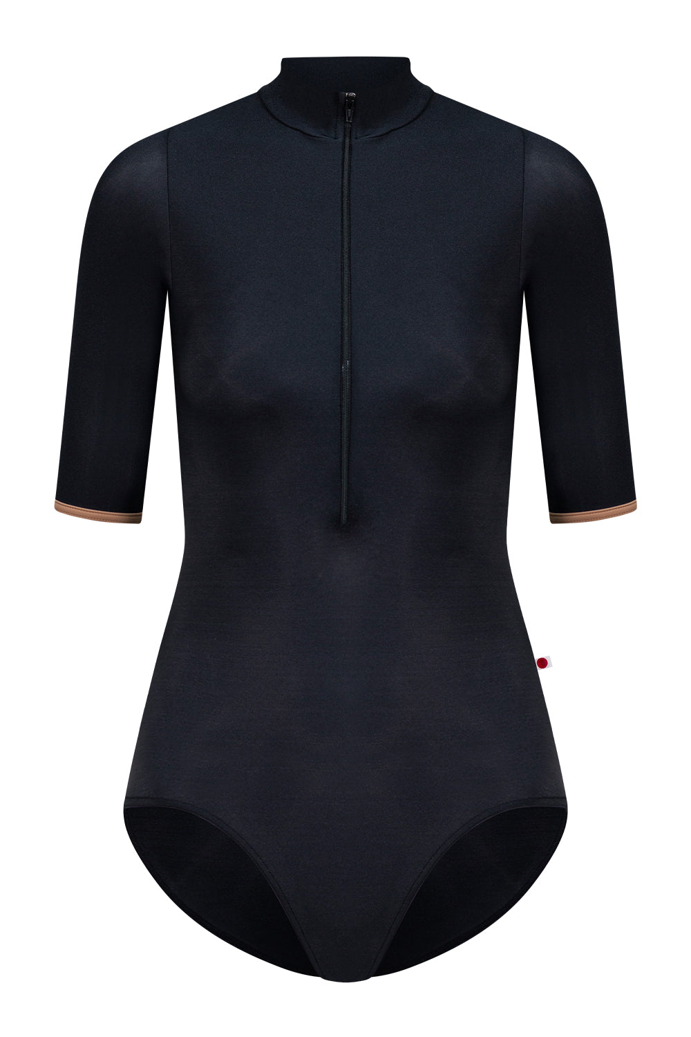 Jessica leotard in N-Black body color with T-Sepia trim color and N-Black zipper & half sleeves