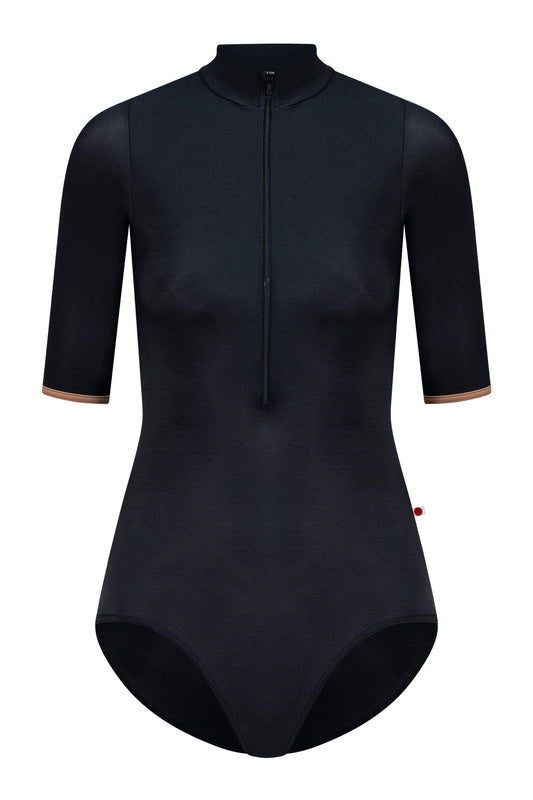 Jessica leotard in N-Black body color with T-Sepia trim color and N-Black zipper & half sleeves