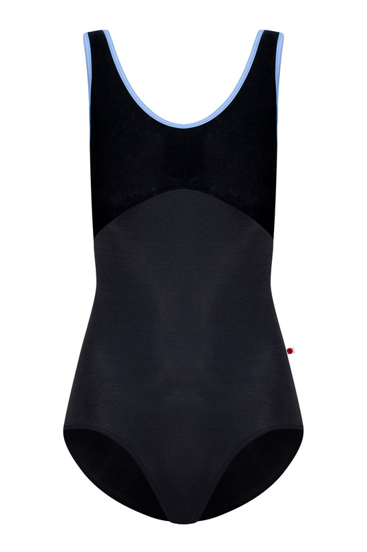 Kids Anna Duo leotard in N-Black body color with V-Black top color and T-Paradise trim color
