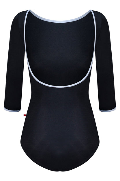 Sofiane leotard in N-Black body color with 3Q Sleeves and V-Serenade trim color