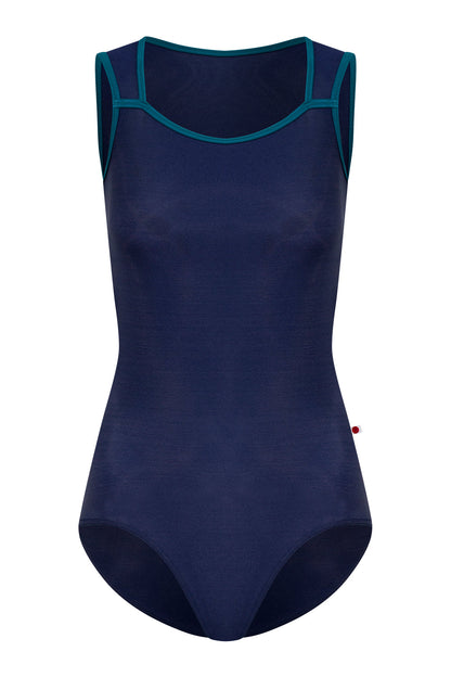 Becky leotard in N-Dark Blue body & top color with T-Zenith trim color