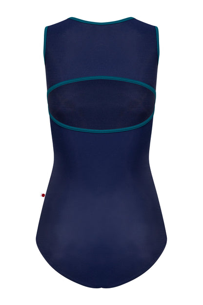 Becky leotard in N-Dark Blue body & top color with T-Zenith trim color