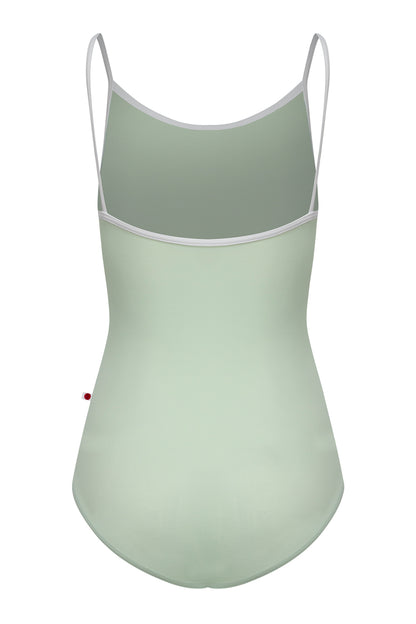 Kathy leotard in T-Pistachio body color, T-White trim color with Mesh Whisper overlay