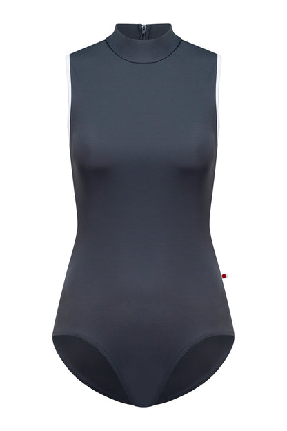Kumiko leotard in T-Titanium body color with T-White trim color and T-Titanium zipper color