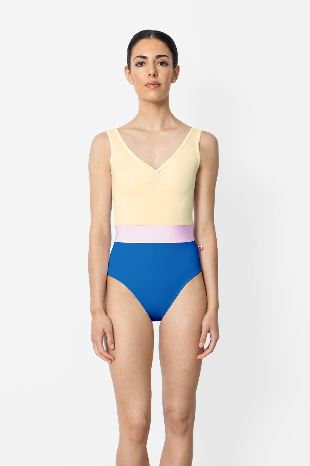 Lucy leotard in T-Lapis body color with T-Vanilla top color, CV-Vanilla trim color and T-Rose middle band color
