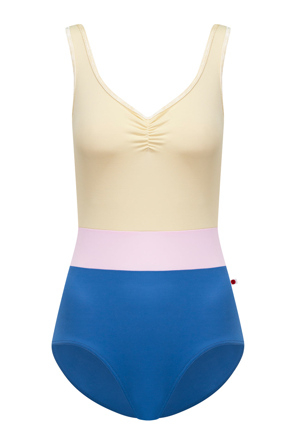 Lucy leotard in T-Lapis body color with T-Vanilla top color, CV-Vanilla trim color and T-Rose middle band color