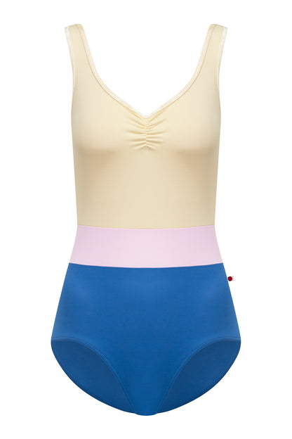 Lucy leotard in T-Lapis body color with T-Vanilla top color, CV-Vanilla trim color and T-Rose middle band color