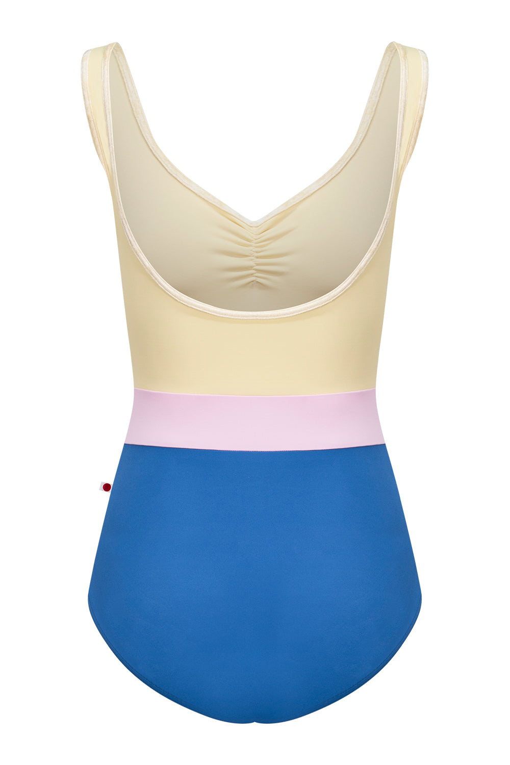 Lucy leotard in T-Lapis body color with T-Vanilla top color, CV-Vanilla trim color and T-Rose middle band color