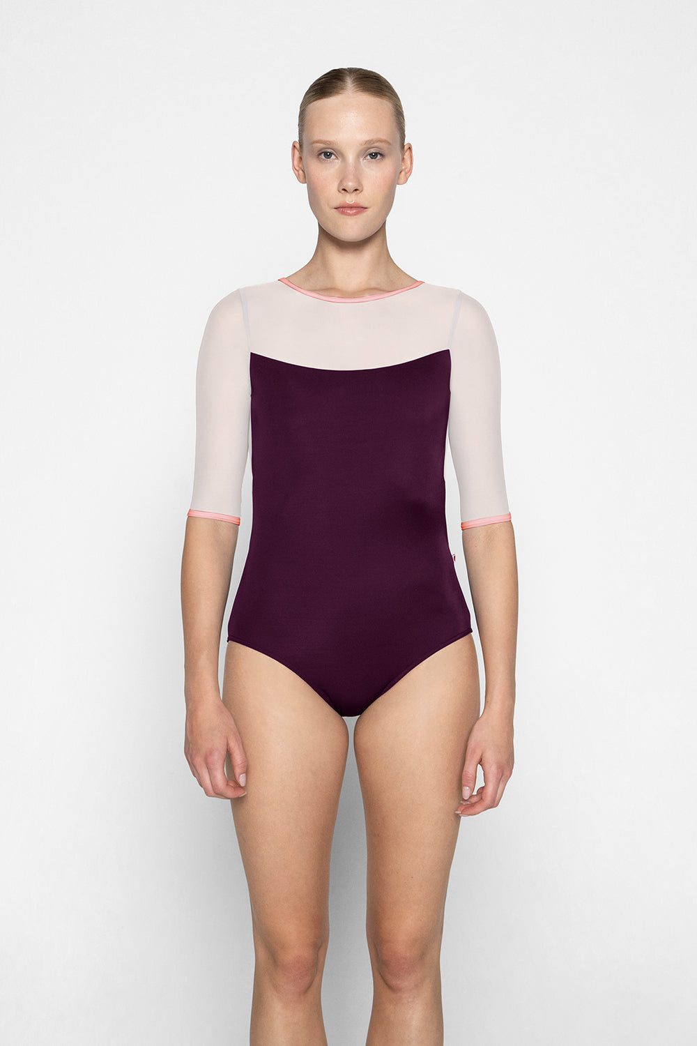 Olivia leotard in N-Opera body color with Mesh Blush top color & half sleeves and N-Antique Rose trim color