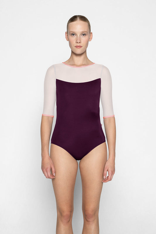 Olivia leotard in N-Opera body color with Mesh Blush top color & half sleeves and N-Antique Rose trim color