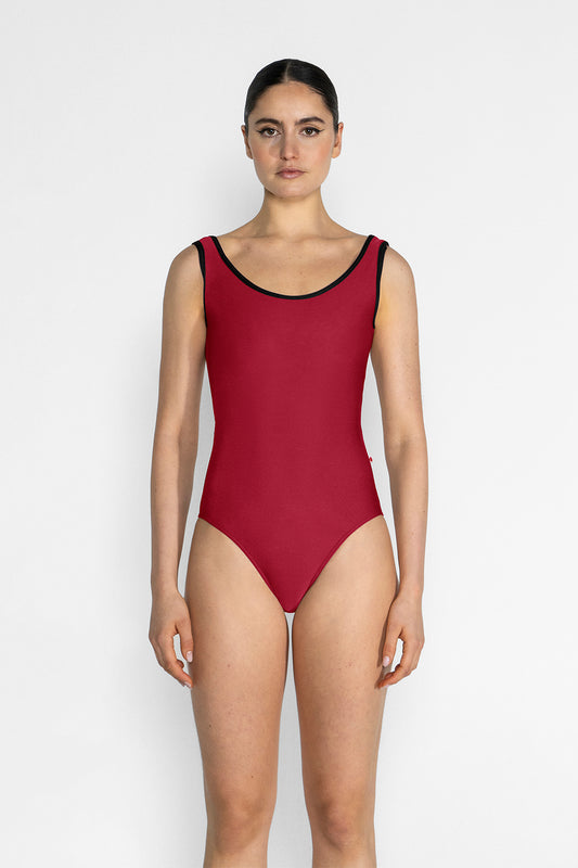 Veronique leotard in N-Berry body color with T-Black trim color