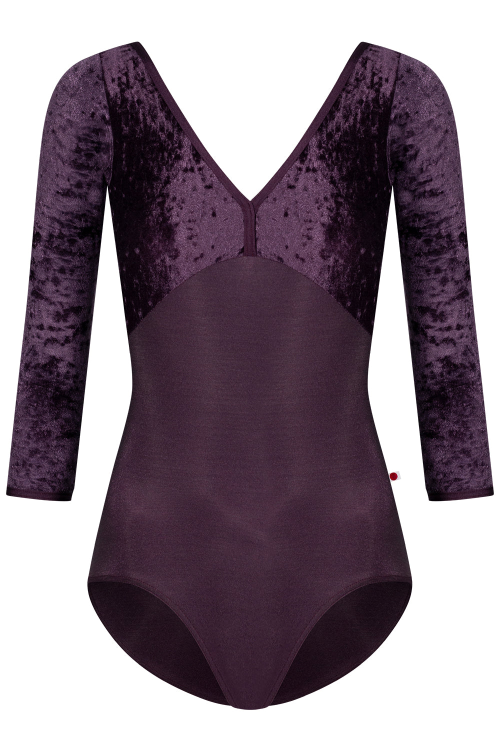 Alicia leotard in N-Eggplant body color with CV-Eggplant top color and N-Eggplant trim color. Features 3Q sleeves