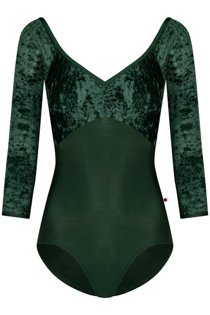 Elli leotard in N-Huntress body color with CV-Pine top color and N-Huntress trim color. Features 3Q sleeves