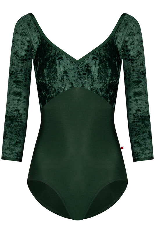 Elli leotard in N-Huntress body color with CV-Pine top color and N-Huntress trim color. Features 3Q sleeves